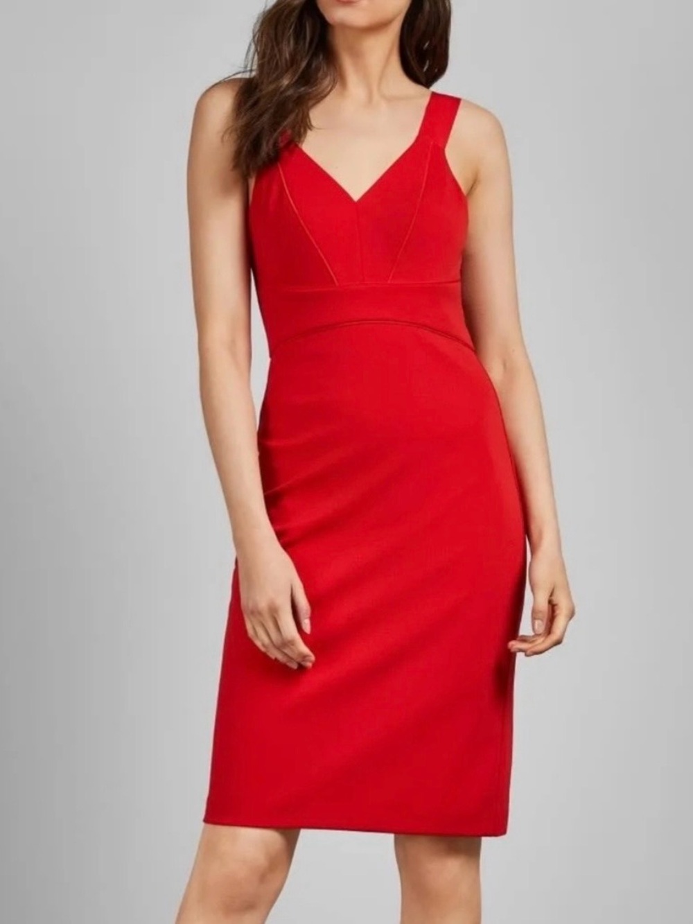 Ted Baker Trixxie Red V-Neck‎ Sleeveless Sheath Dress Gold Zipper Buckle Straps